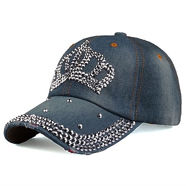 Rhinestone Crystal Studded Crown Denim Cap