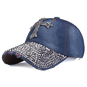 Crystal Cross Embelished Denim Cap