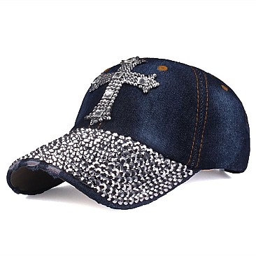 Crystal Cross Embelished Denim Cap