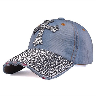 Crystal Cross Embelished Denim Cap