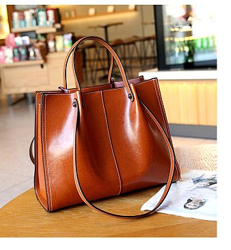 Smooth Genuine Leather Satchel - Shoulder Bag