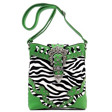 Rhinestone Buckle Zebra Cross Body