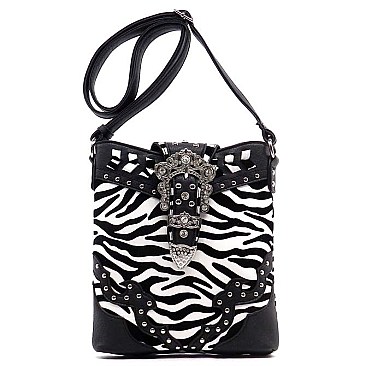 Rhinestone Buckle Zebra Cross Body