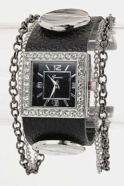 Trendy Leather & Screw Button Cuff Fashion Watch LA 05-1877