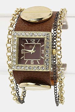 Trendy Leather & Screw Button Cuff Fashion Watch LA 05-1877