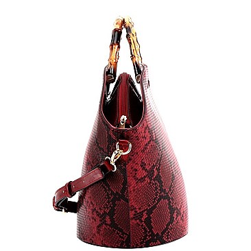 2-Way Bamboo Handle Accent Snake Print Fan Satchel