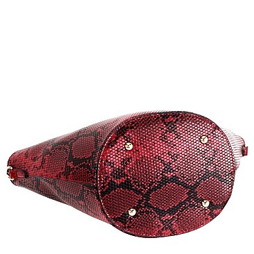 2-Way Bamboo Handle Accent Snake Print Fan Satchel