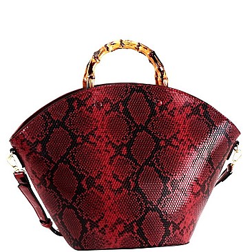 2-Way Bamboo Handle Accent Snake Print Fan Satchel