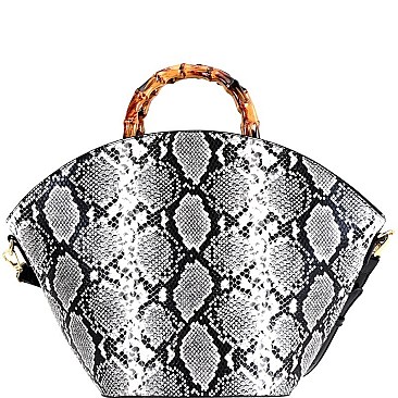 2-Way Bamboo Handle Accent Snake Print Fan Satchel