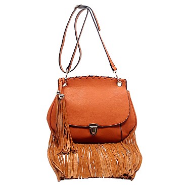 Leather Fringed Tassel Flap Large Messenger Cross