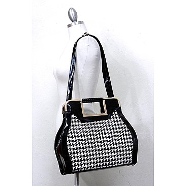 Houndstooth Patent Metal Framed Handhold Satchel