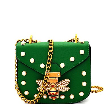 0862LP-LP Rhinestone Bee Charm Chain Shoulder Bag