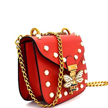 0862LP-LP Rhinestone Bee Charm Chain Shoulder Bag