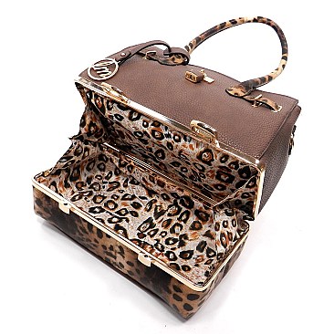 2-in-1 Leopard Compartment Padlock Boxy Satchel