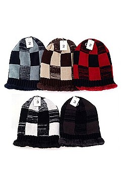 Pack of 12 (pieces) Assorted Fur Lining Plaid Beanies FM-HNHT1055