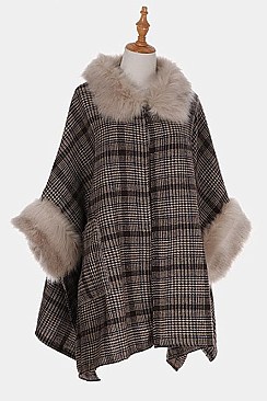 Stylish Faux Fur Collar Plaid Pattern Cardigan FM-AO6042