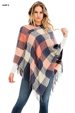 FRINGED PLAID PATTERN PONCHO