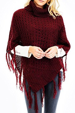 Turtleneck V Shaped Fringe Poncho FM-WSF215