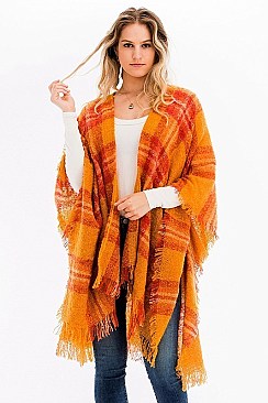 Pack of 6 Pcs Assorted Color Plaid Fringe Poncho