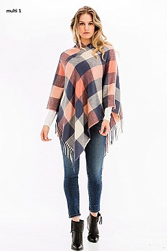 FRINGED PLAID PATTERN PONCHO