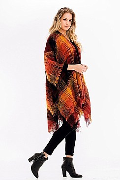 Pack of 6 Pcs Assorted Color Plaid Fringe Poncho