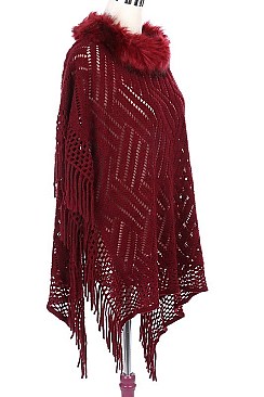 Stylish Faux Fur Collar Fringe Poncho FM-AV251DC