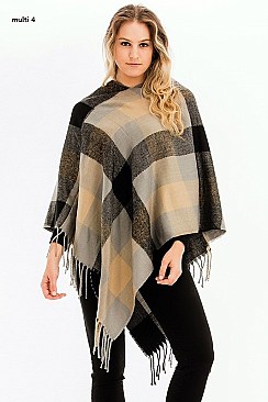 FRINGED PLAID PATTERN PONCHO