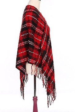 Stylish Check Fringe Poncho FM-PC7423