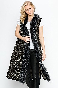 Soft Fur Collar Leopard Long Line Vest