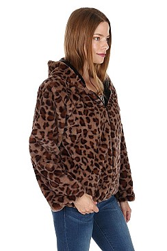 Fashionable Soft Fur Leopard Hooded Cardigan FM-AV295