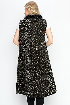 Soft Fur Collar Leopard Long Line Vest
