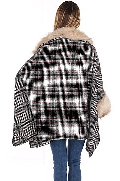 Stylish Faux Fur Collar Plaid Pattern Cardigan FM-AO6042