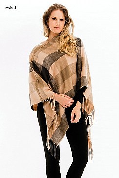 FRINGED PLAID PATTERN PONCHO