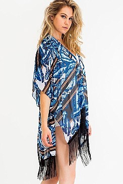 Stylish Feather Print Tassel Kimono FM-KSF209