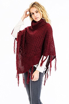 Turtleneck V Shaped Fringe Poncho FM-WSF215