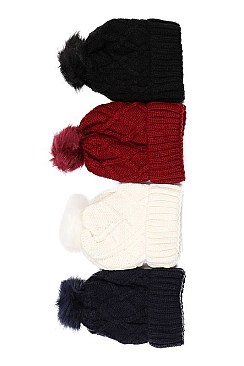 Pack of 12 (pieces) Assorted Fur Lining Pompom Cable Beanies