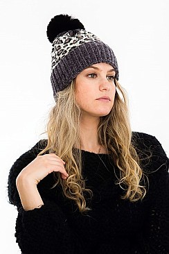 A DOZEN LEOPARD POMPOM BEANIES