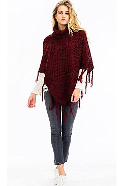 Turtleneck V Shaped Fringe Poncho FM-WSF215