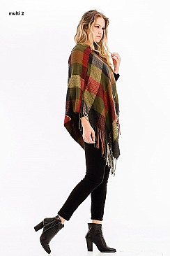 FRINGED PLAID PATTERN PONCHO