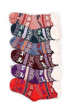 Pack of (12 Pairs) Slipper Socks Reindeer Patterns Assorted Colors FM-SO468