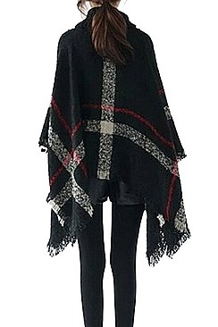 PACK OF (12 Pieces) ASSORTED COLOR Button Accent Plaid Pattern Poncho FM-BSF60009D