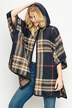 Hooded Plaid Pattern Warm Poncho