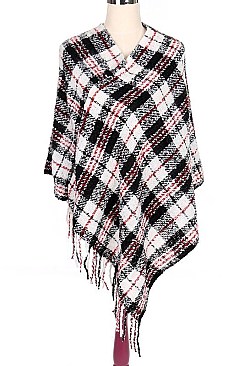 Stylish Check Fringe Poncho FM-PC7423