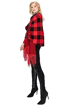 FANCY PLAID PATTERN TASSEL PONCHO