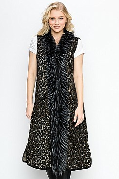 Soft Fur Collar Leopard Long Line Vest