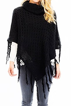 Turtleneck V Shaped Fringe Poncho FM-WSF215