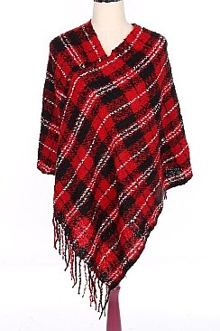 Stylish Check Fringe Poncho FM-PC7423