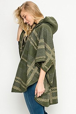 Hooded Plaid Pattern Poncho