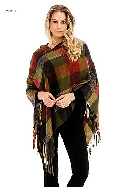 FRINGED PLAID PATTERN PONCHO