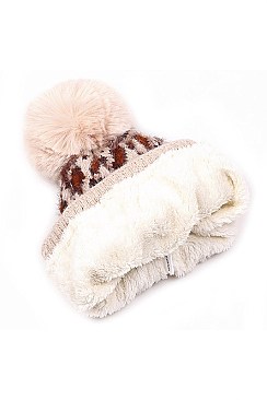 Pack of 12 Fur Lined Leopard Pompom Beanies